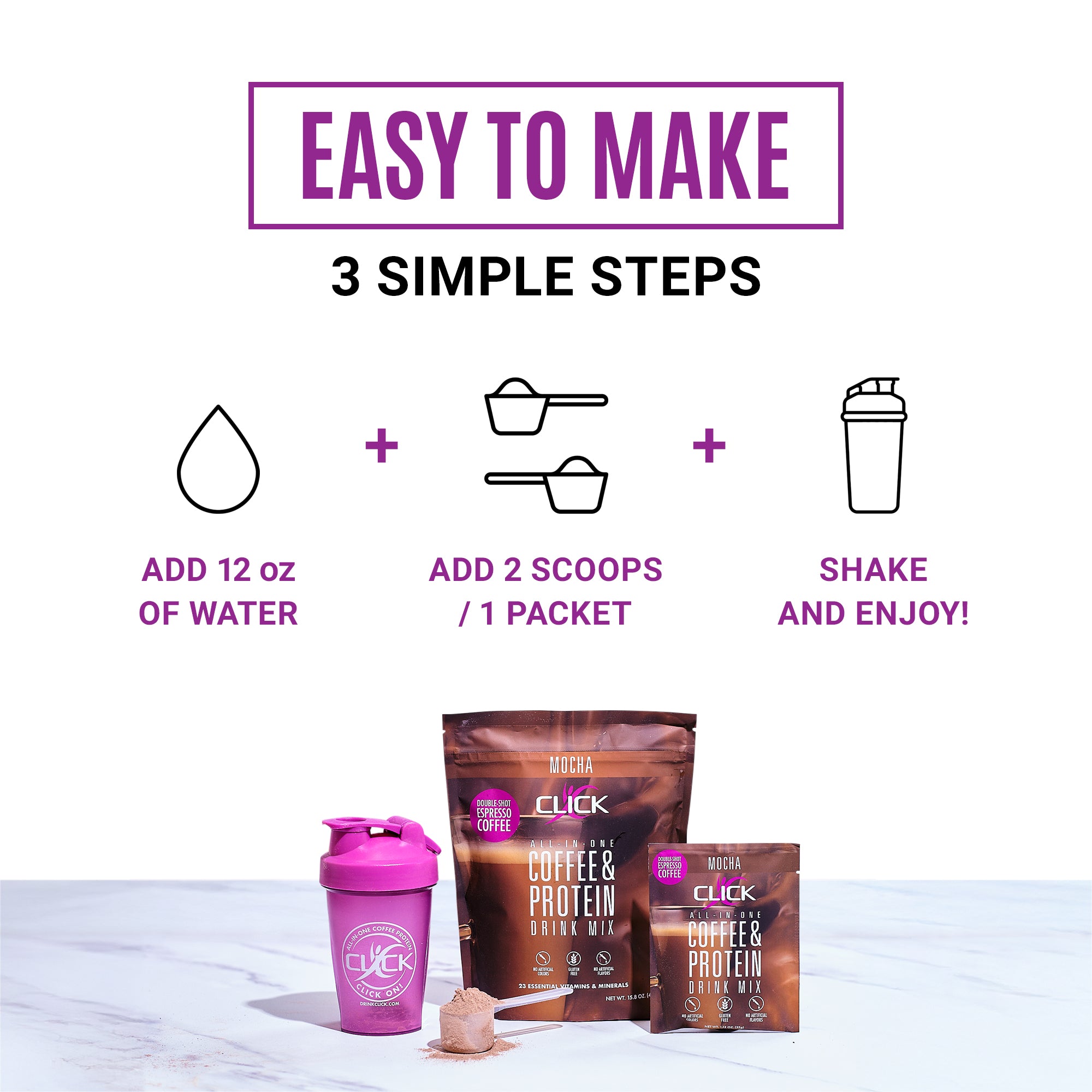 CLICK Coffee Protein Powder, 10 Single-Serve Packets, Mocha Flavor