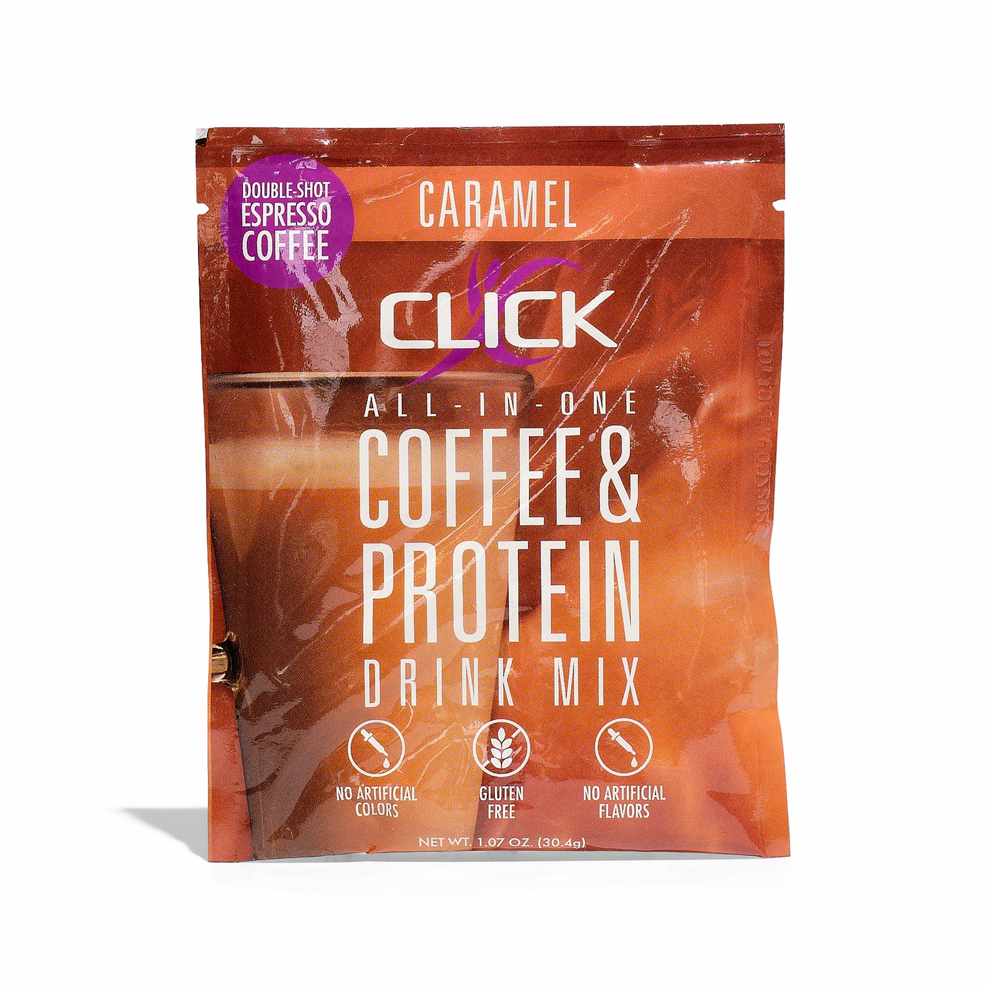 CLICK Coffee Protein Powder, Single-Serve Sample Packet, Caramel Flavor