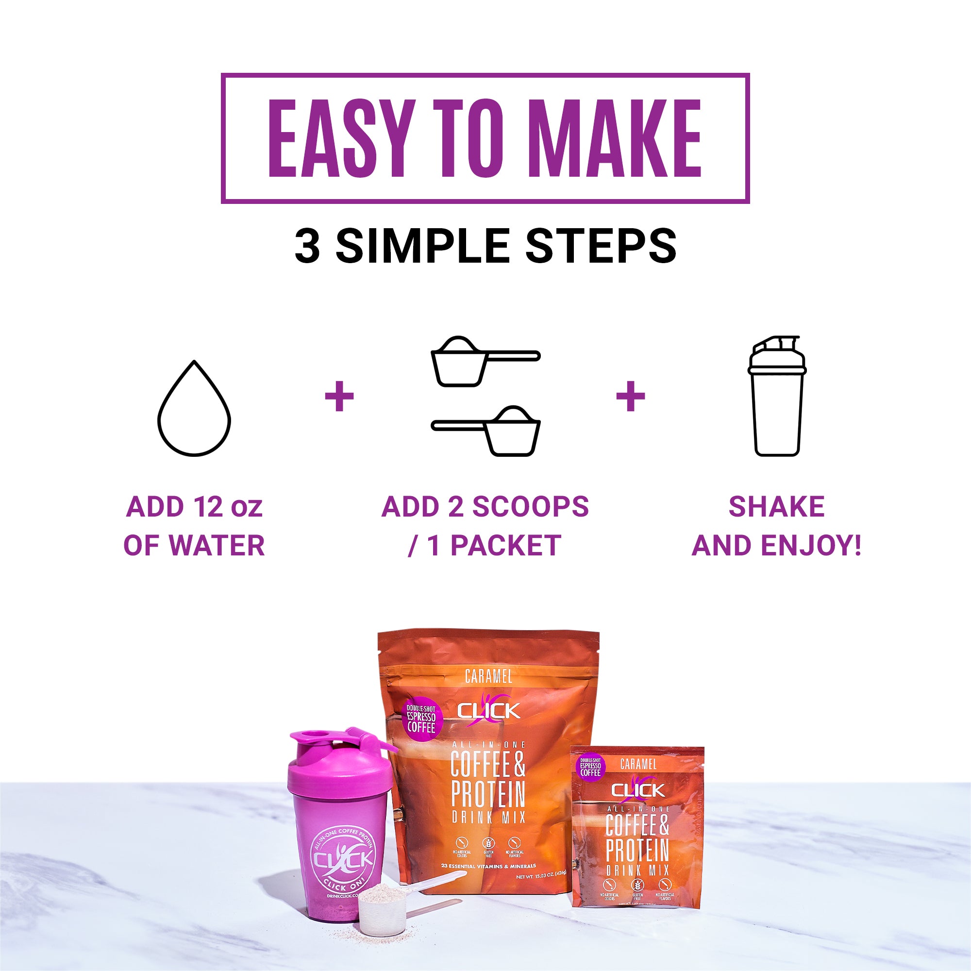 CLICK Coffee Protein Powder, 10 Single-Serve Packets, Caramel Flavor