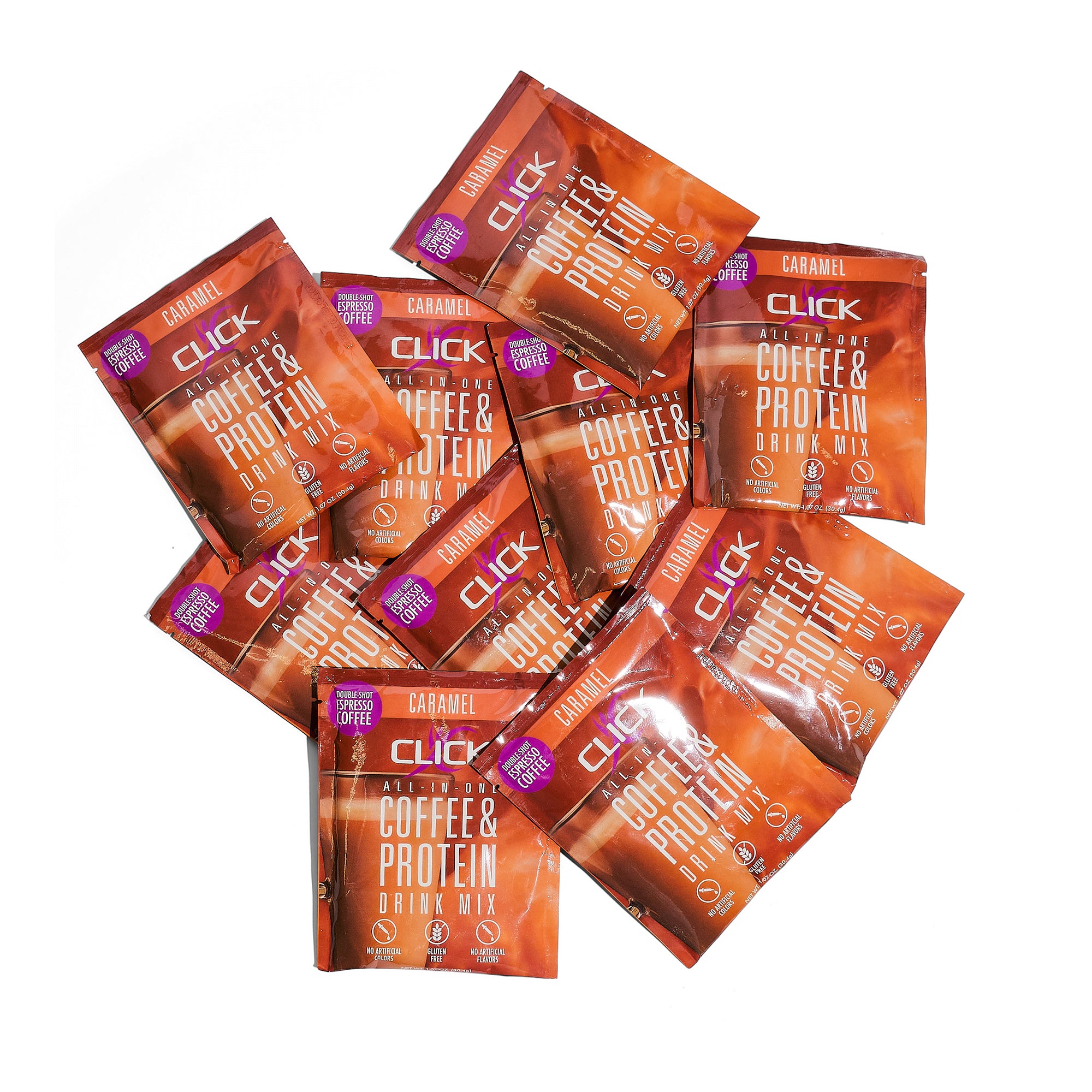 CLICK Coffee Protein Powder, 10 Single-Serve Packets, Caramel Flavor