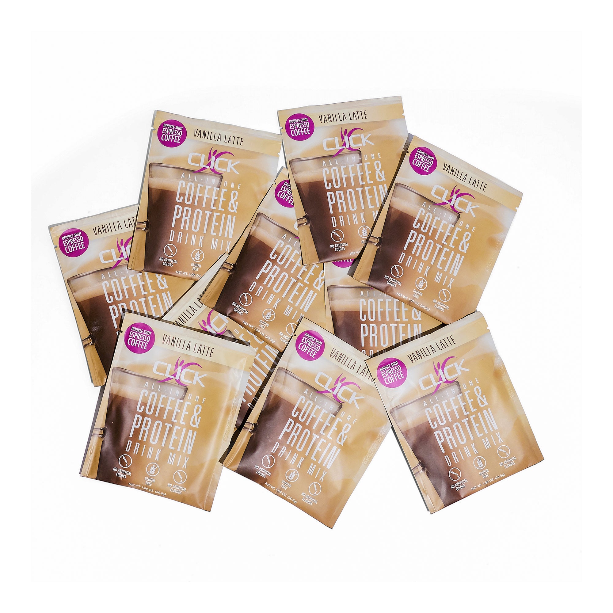 CLICK Coffee Protein Powder, 10 Single-Serve Packets, Vanilla Latte Flavor
