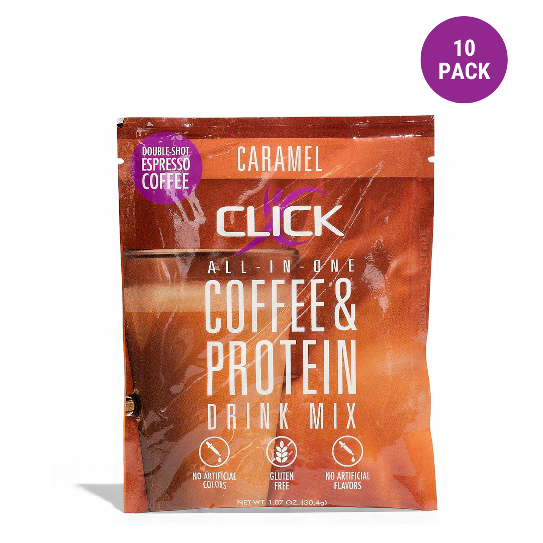 CLICK Coffee Protein Powder, 10 Single-Serve Packets, Caramel Flavor