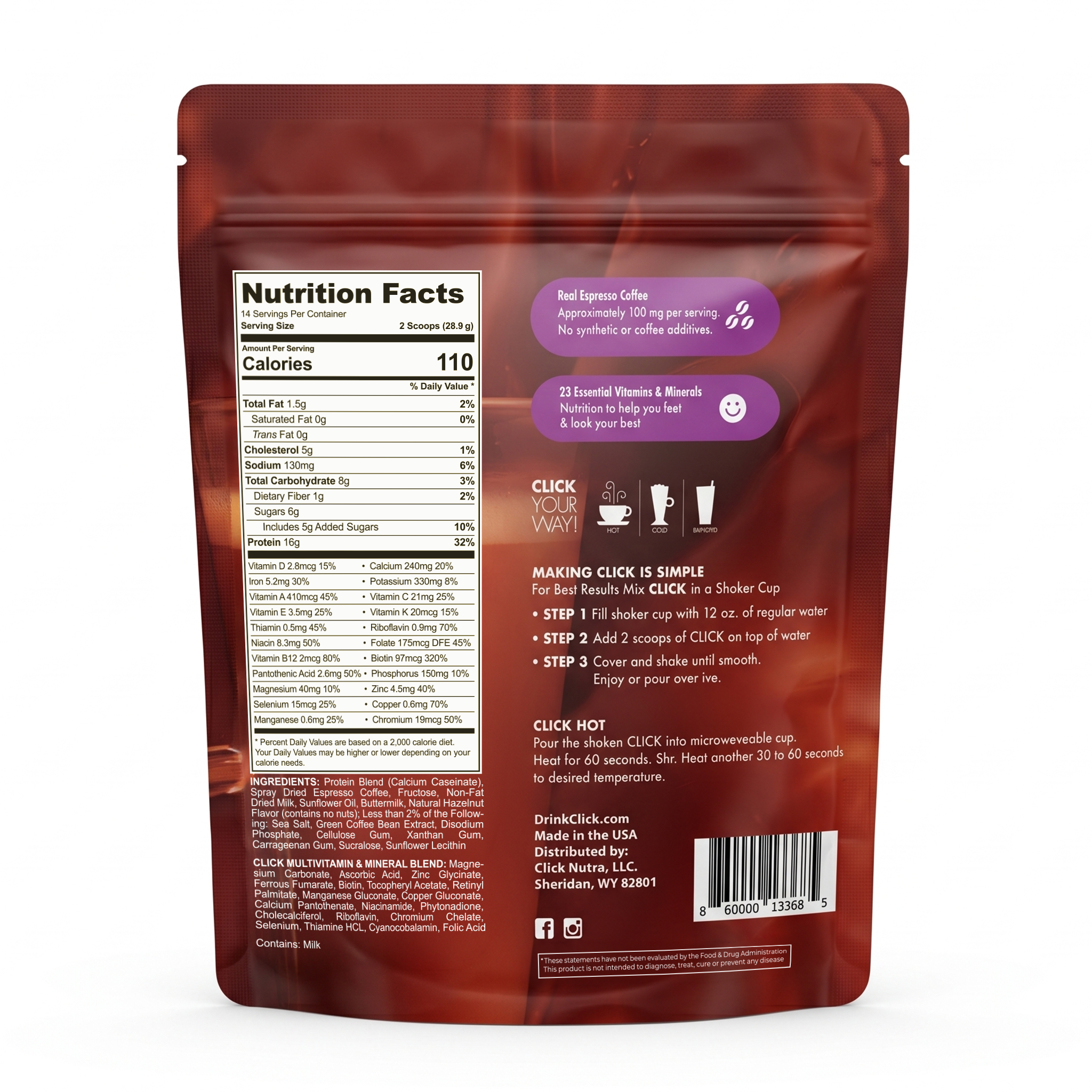 CLICK Coffee Protein Powder Meal Replacement, Hazelnut Flavor