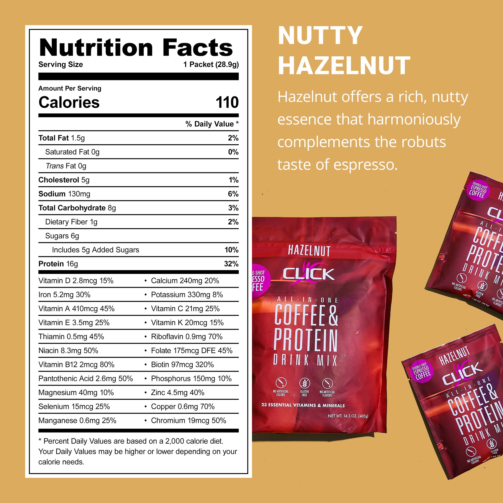 CLICK Coffee Protein Powder, 10 Single-Serve Packets, Hazelnut Flavor