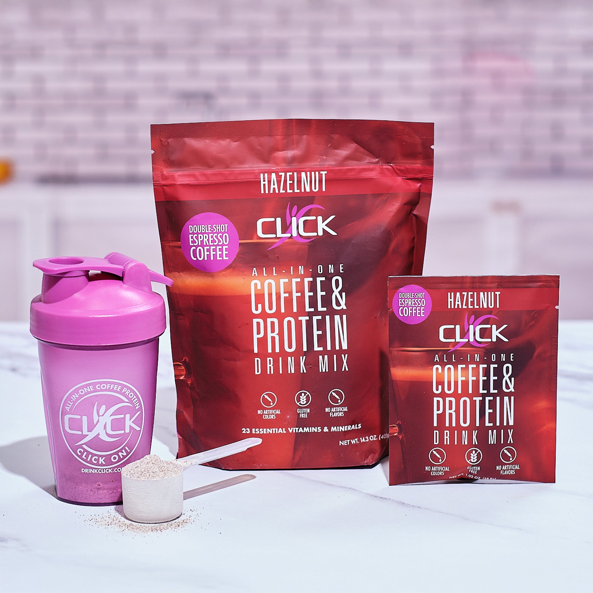 CLICK Coffee Protein Powder, 10 Single-Serve Packets, Hazelnut Flavor