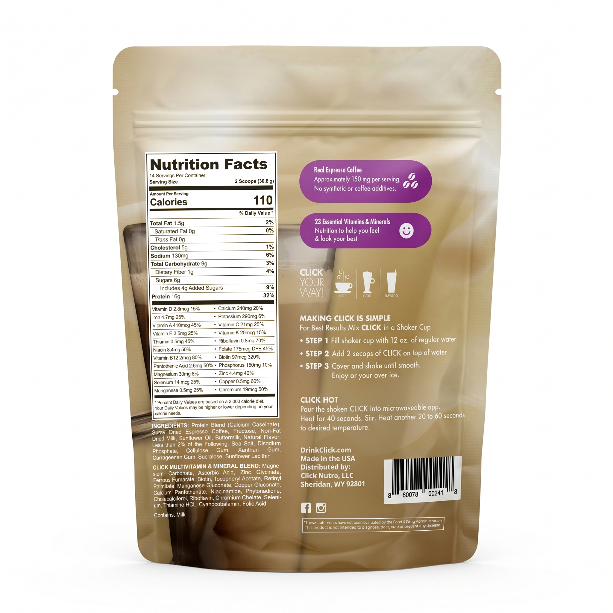 CLICK Coffee Protein Powder Meal Replacement, Vanilla Latte Flavor