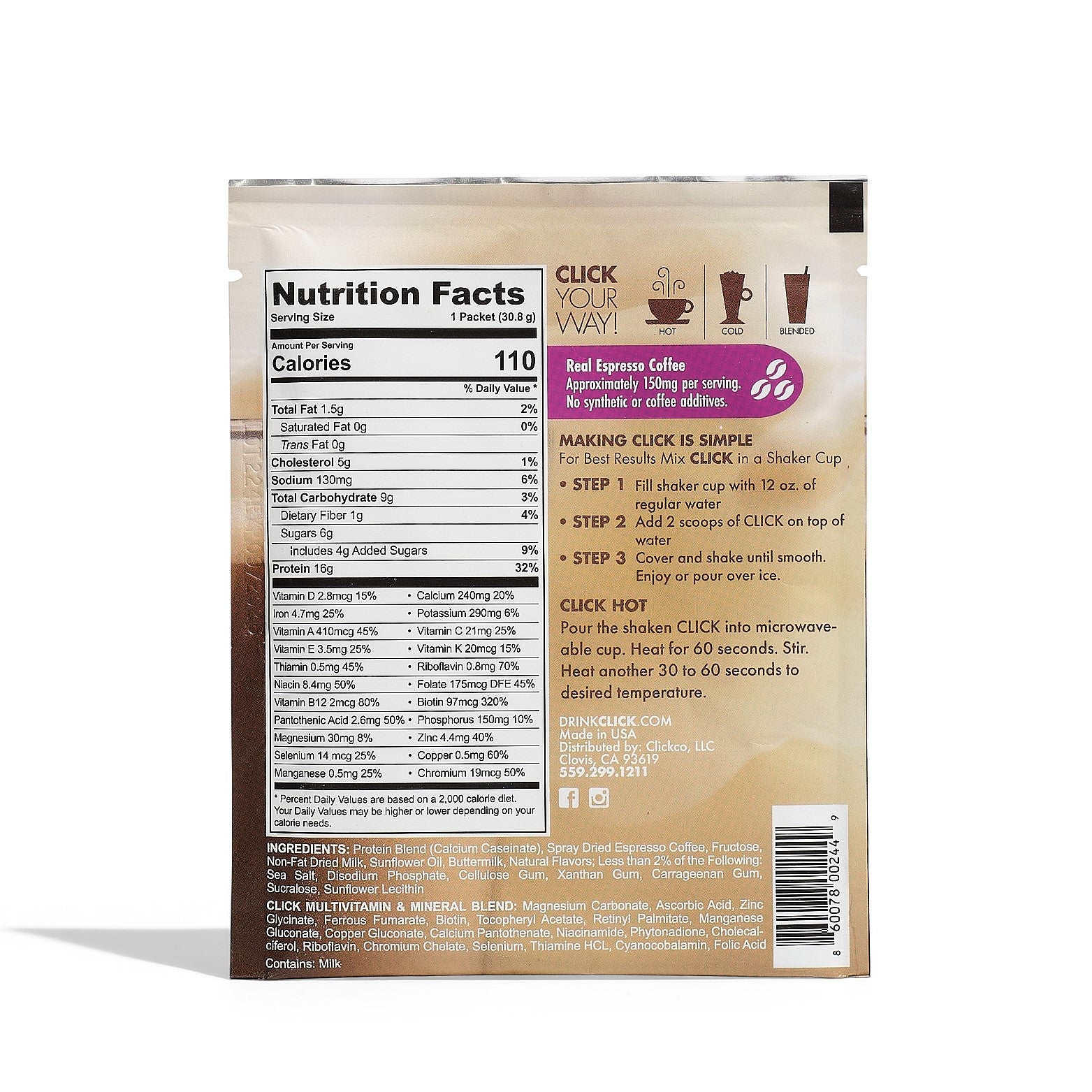 CLICK Coffee Protein Powder, 10 Single-Serve Packets, Vanilla Latte Flavor