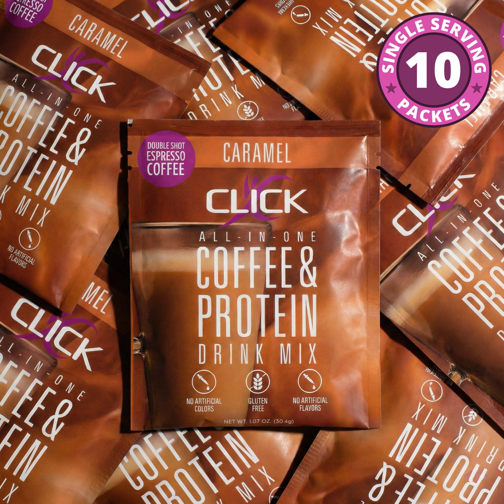 CLICK Coffee Protein Powder, 10 Single-Serve Packets, Caramel Flavor