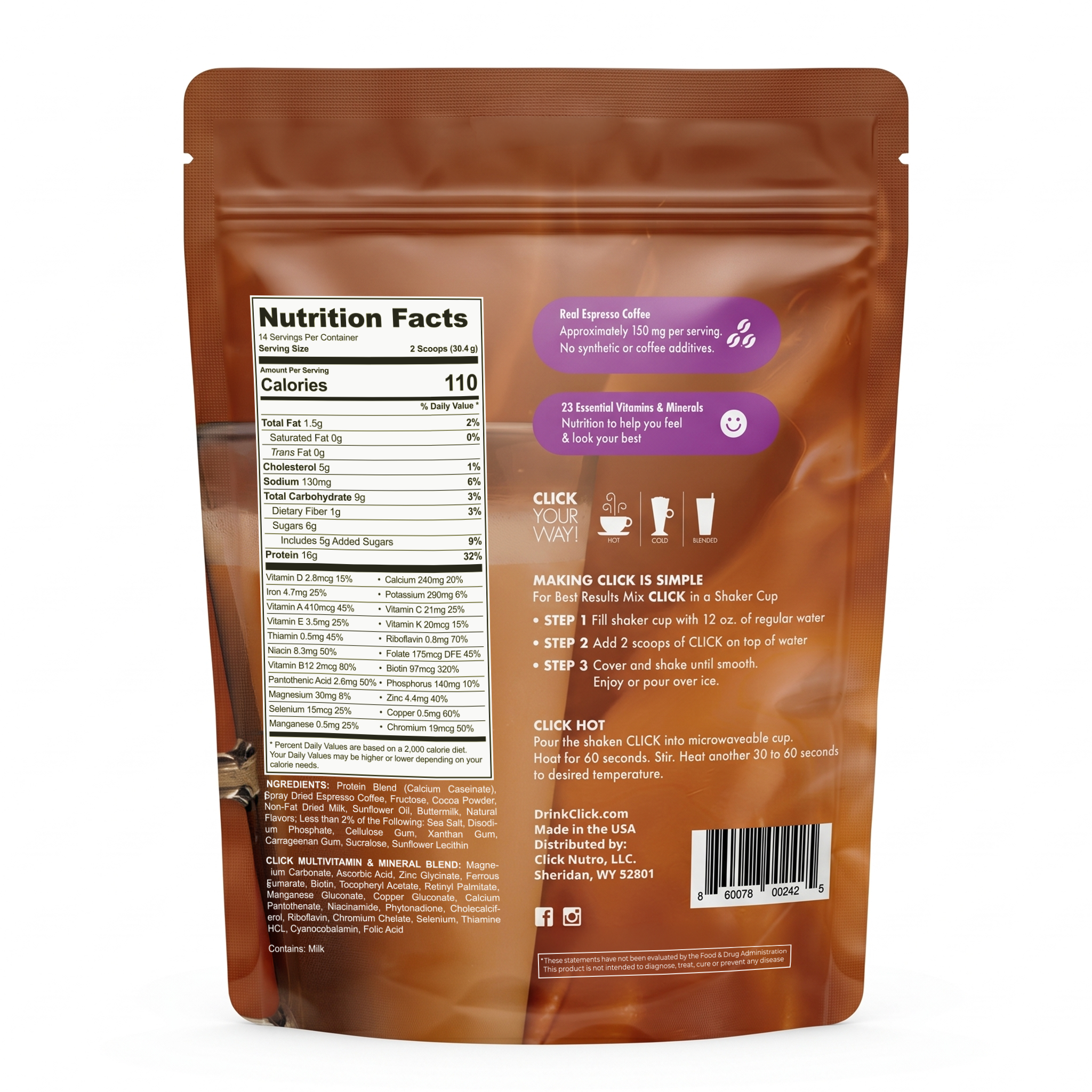 CLICK Coffee Protein Powder Meal Replacement, Caramel Flavor