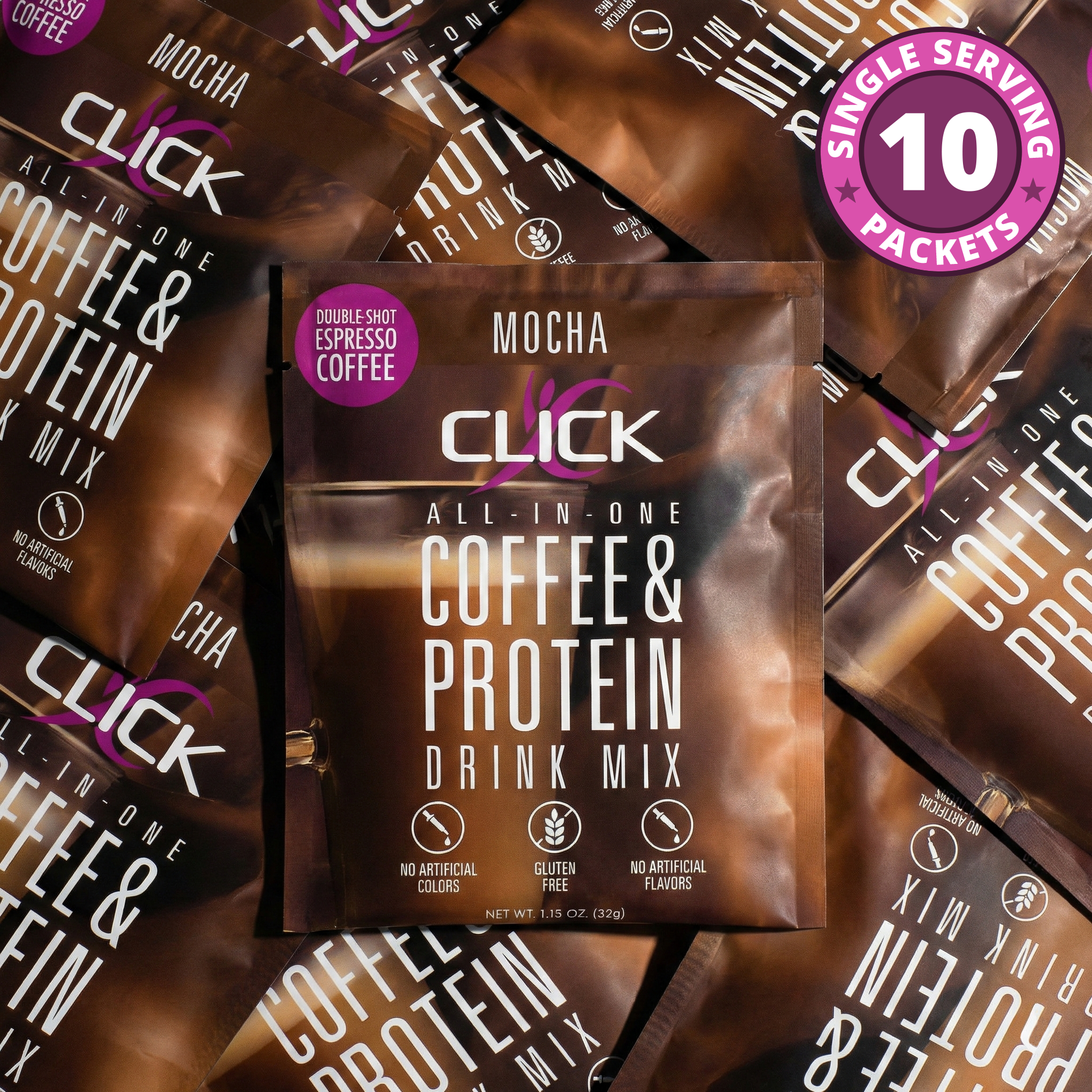 CLICK Coffee Protein Powder, 10 Single-Serve Packets, Mocha Flavor