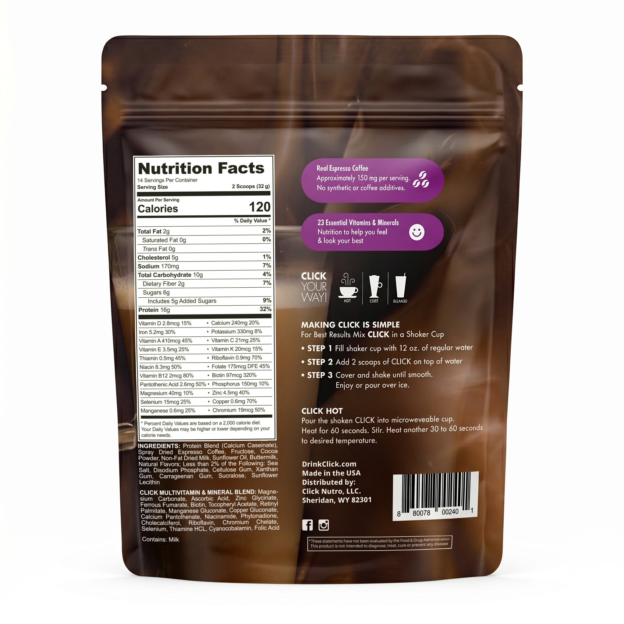 CLICK Coffee Protein Powder Meal Replacement, Mocha Flavor