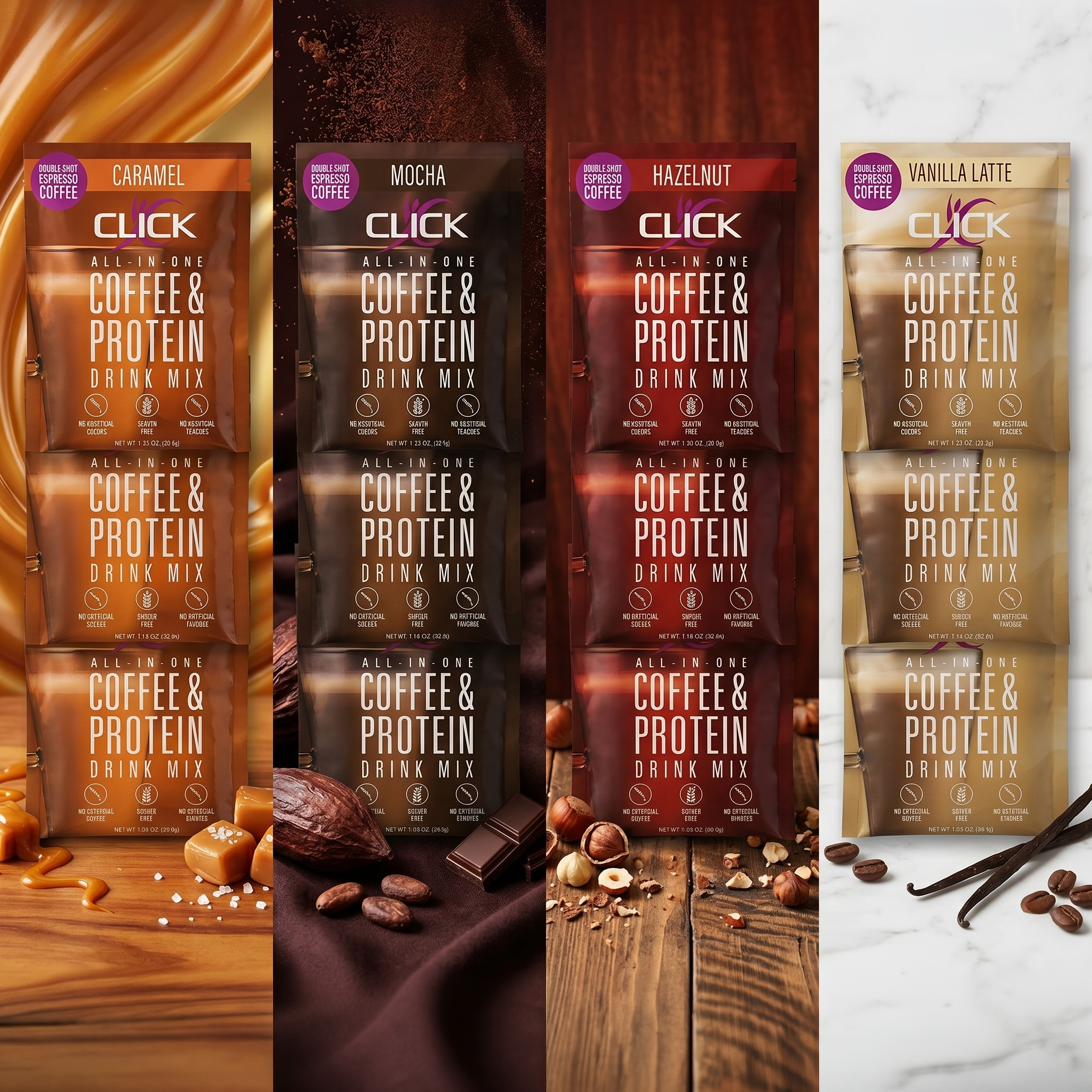 CLICK Coffee Protein Variety Pack, 12 Single-Serve Packets, All 4 Flavors