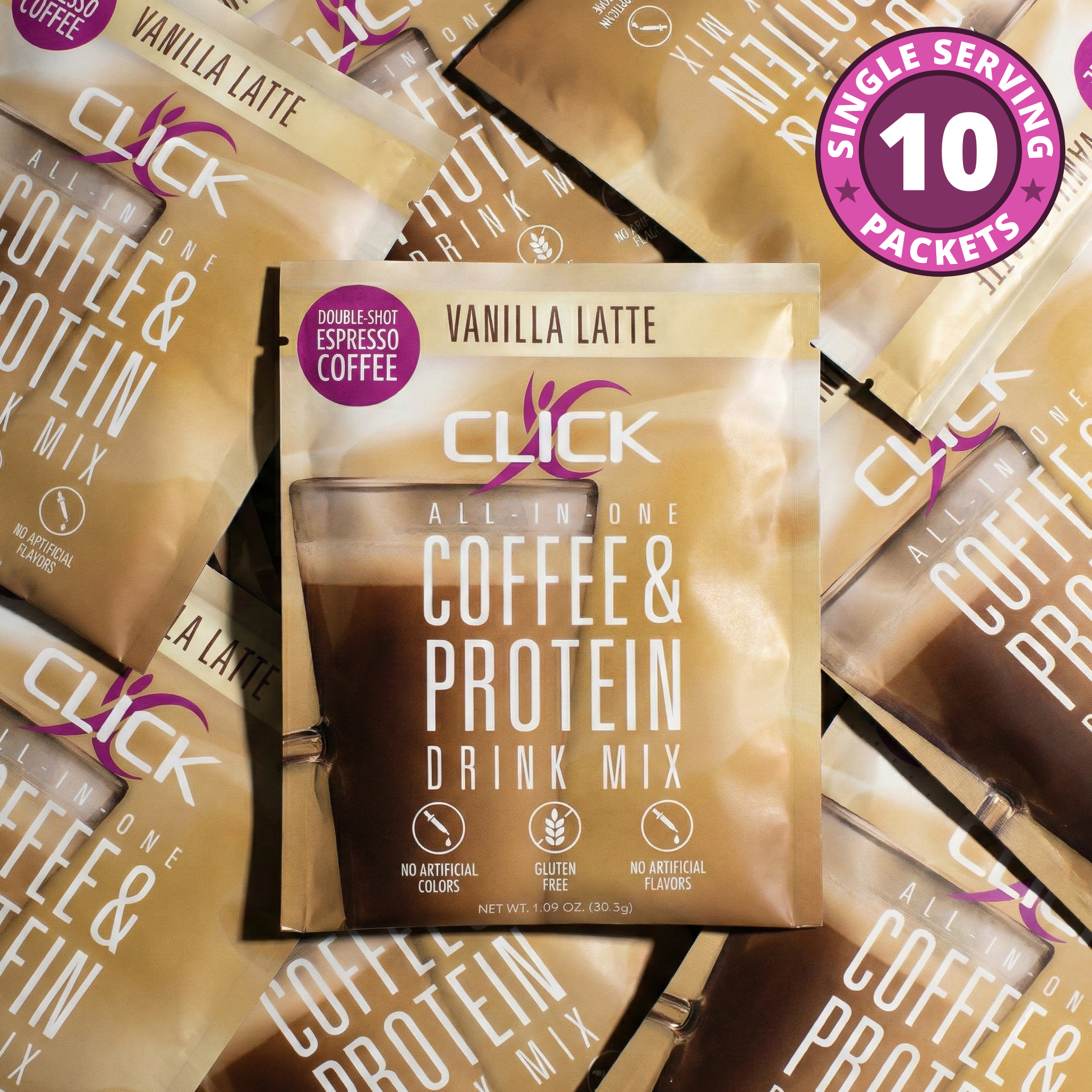 CLICK Coffee Protein Powder, 10 Single-Serve Packets, Vanilla Latte Flavor