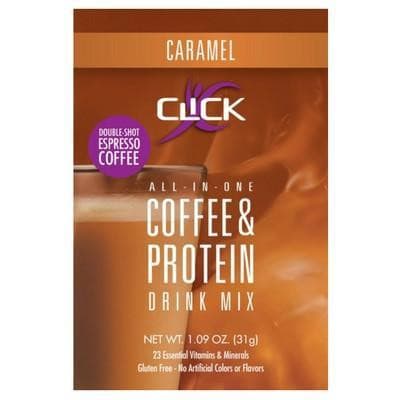 CLICK: Coffee & Protein Powder, All-in-One Single-Serving Packet CLICK All-In-One Protein & Coffee Meal Replacement Drink Mix, Sample Packet, Caramel Flavor